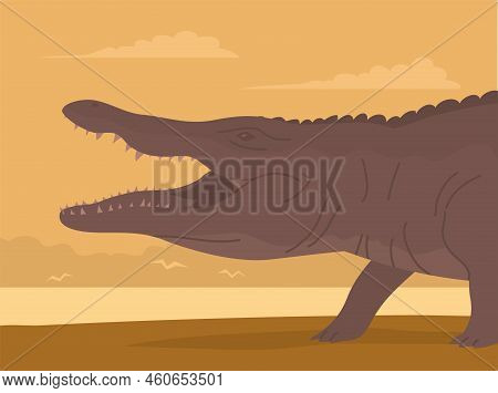 Crocodile With Open Mouth. Aquatic Carnivorous Reptile. Toothy Alligator And Caiman. Predator Hunter