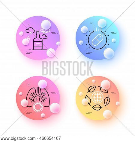 Alcohol Addiction, Coronavirus Lungs And Eco Organic Minimal Line Icons. 3d Spheres Or Balls Buttons