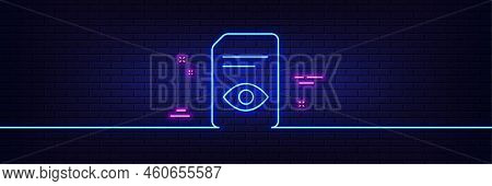 Neon Light Glow Effect. View Document Line Icon. Open Information File Sign. Paper Page With Eye Con