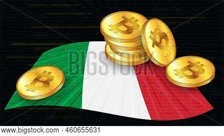 Stacks Of Gold Coins Of Bitcoin Btc On Colored Flag Of Italy On Dark Digital Background. Central Ban