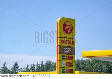 Gdansk, Poland - August 1, 2022: Oktan Petrol Station Banner At Highway With Fuel Prices In Poland