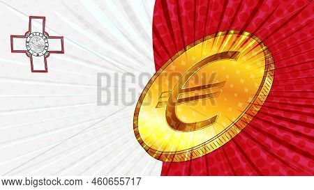 Maltese Flag And Golden Coin With Sign Currency Euro Eur. Cbdc Concept. Vector Illustration.