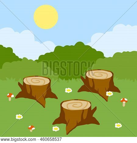 Stump In Forest Meadow. Green Field With Grass. Background For Child Drawing. Summer Nature. Funny S