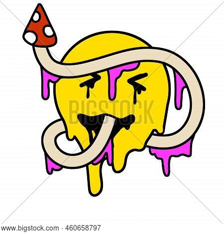 Acid Smile Face With Brain. Melted Rave And Techno Symbol Of 90s. Crazy Mushroom