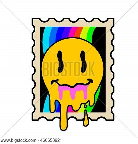 Acid Postage Stamp With Yellow Smile Face. Rainbow Pattern. Rave And Techno Poster Of 90s.