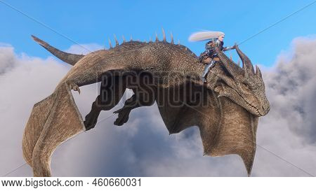 White Haired Female Warrior Knight Flies On A Dragon Above The Clouds.fantasy Artwork Scene. Cgi Ani