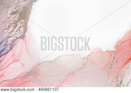 Aabstract Fluid Art Painting In Alcohol Ink Technique, Mixture Blue, Red And Gold Paints. Frozen Pai