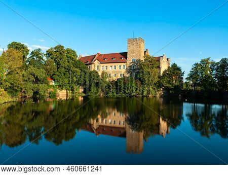 Flechtingen, Germany - August 8, 2022: Historical Moated Medieval Castle Of Flechtingen, Saxony-anha