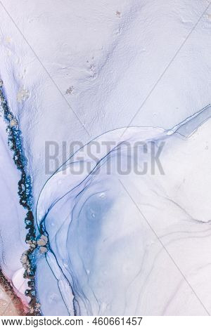 Aabstract Fluid Art Painting In Alcohol Ink Technique, Mixture Blue, Red And Gold Paints. Frozen Pai