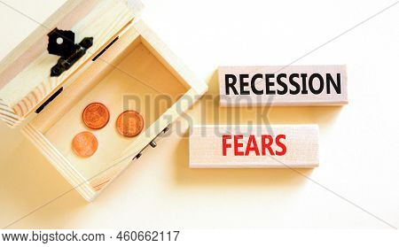 Recession Fears Symbol. Concept Words Recession Fears On Wooden Blocks On A Beautiful White Table Wh