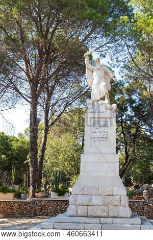 Haifa, Israel. June 26, 2022: Muhraka Monastery Of The Carmelite On The Carmel Mount . Statue Of Eli