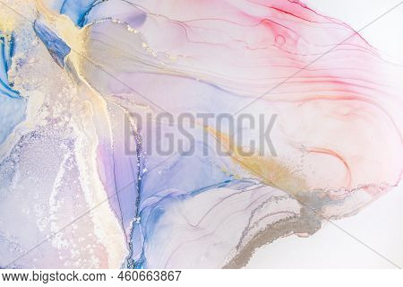 Aabstract Fluid Art Painting In Alcohol Ink Technique, Mixture Blue, Red And Gold Paints. Frozen Pai