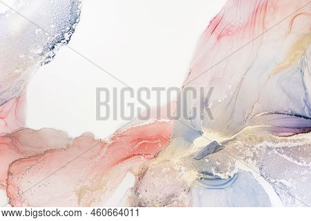 Aabstract Fluid Art Painting In Alcohol Ink Technique, Mixture Blue, Red And Gold Paints. Frozen Pai
