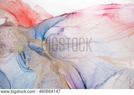 Aabstract Fluid Art Painting In Alcohol Ink Technique, Mixture Blue, Red And Gold Paints. Frozen Pai