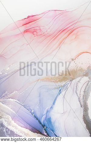 Aabstract Fluid Art Painting In Alcohol Ink Technique, Mixture Blue, Red And Gold Paints. Frozen Pai