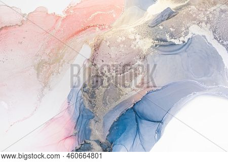 Aabstract Fluid Art Painting In Alcohol Ink Technique, Mixture Blue, Red And Gold Paints. Frozen Pai