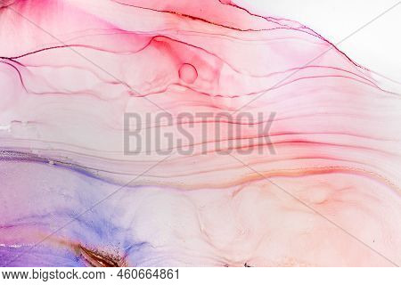 Aabstract Fluid Art Painting In Alcohol Ink Technique, Mixture Blue, Red And Gold Paints. Frozen Pai