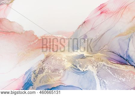 Aabstract Fluid Art Painting In Alcohol Ink Technique, Mixture Blue, Red And Gold Paints. Frozen Pai