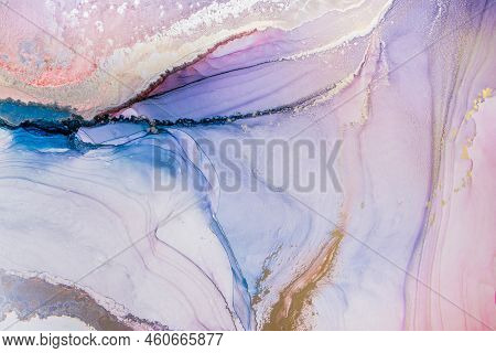 Aabstract Fluid Art Painting In Alcohol Ink Technique, Mixture Blue, Red And Gold Paints. Frozen Pai