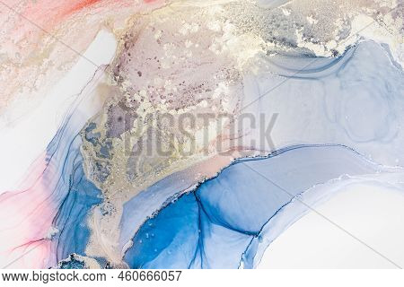 Aabstract Fluid Art Painting In Alcohol Ink Technique, Mixture Blue, Red And Gold Paints. Frozen Pai