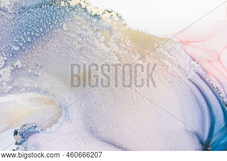 Aabstract Fluid Art Painting In Alcohol Ink Technique, Mixture Blue, Red And Gold Paints. Frozen Pai