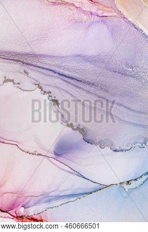 Aabstract Fluid Art Painting In Alcohol Ink Technique, Mixture Blue, Red And Gold Paints. Frozen Pai