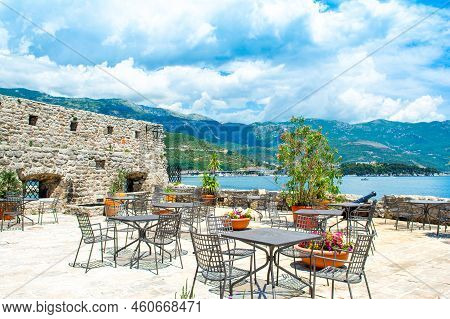 Restaurant In Citadela Fortress In Old Town Of Budva With Beautiful View To The Budva Riviera, Monte