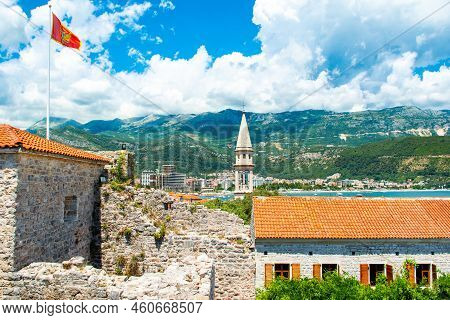 View To The Adriatic Coast From Citadel Fortress In Old Town Of Budva And Beautiful Landscape Of The