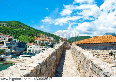 View To The Adriatic Coast From Citadel Fortress In Old Town Of Budva And Beautiful Landscape Of The