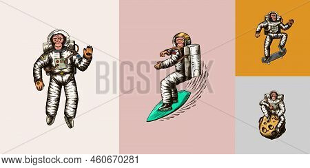 Monkey Astronaut With Whale, Guitar, Skateboard And Moon. Chimpanzee Spaceman Cosmonaut Characters S