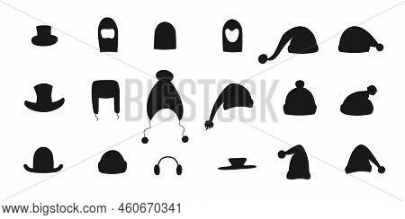 Winter Hats And Caps Silhouette Set For Photo Prop Box. Vector Stock Illustration Isolated On White 