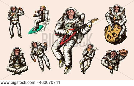 Monkey Astronaut With Whale, Guitar, Skateboard And Moon. Chimpanzee Spaceman Cosmonaut Characters S