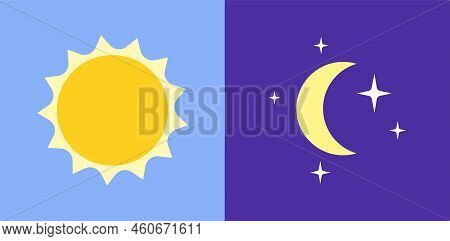 Day And Night Logo. Light Or Dark Theme Or Sleep Wake Rhythm. Moon And Stars, Sun And Clouds In Sky.