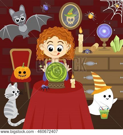 Witch Is Conjuring By Magic Crystal Ball. Halloween Cartoon Interior. Soothsayer. Flat, Vector