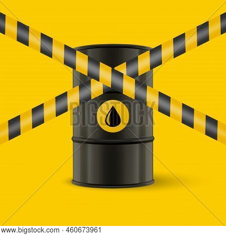 Oil Embargo. Vector 3d Realistic Metal Enamel Black Oil Barrel On Yellow. Crude Oil Embargo Concept 