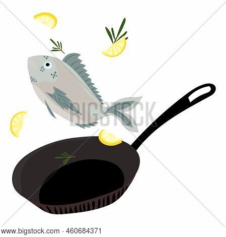 Illustration In The Style Of Kartun Cooking Fish With Lemon In A Frying Pan