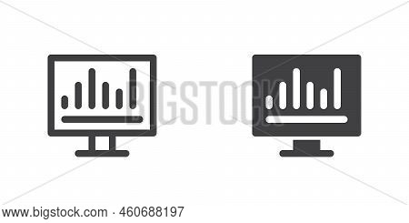 Pc Monitor Diagram Icon, Line And Glyph Version, Outline And Filled Vector Sign. Statistics Screen L