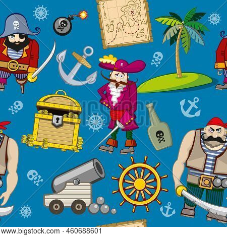 Cartoon Pirates Seamless Pattern Background. Anchor And Palm, Hook And Treasure, Steering Wheel And 