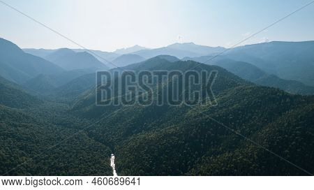 Aerial Mountain Landscape And River Natural Scenery In Russia, Adygea, Guzeripl, Plateau Lago-naki.
