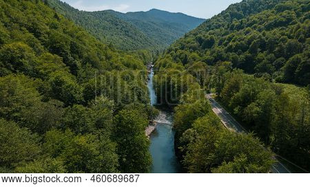 Aerial Mountain Landscape And River Natural Scenery In Russia, Adygea, Guzeripl, Plateau Lago-naki.