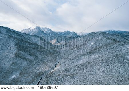 Aerial Mountain Landscape Winter Natural Scenery In Russia, Adygea, Guzeripl, Plateau Lago-naki.