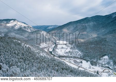 Aerial Mountain Landscape Winter Natural Scenery In Russia, Adygea, Guzeripl, Plateau Lago-naki.