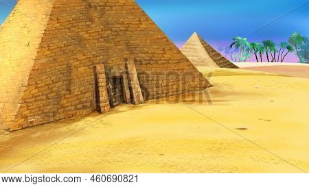 Egyptian Pyramids Of Giza On A Summer Day. Digital Painting Background, Illustration.