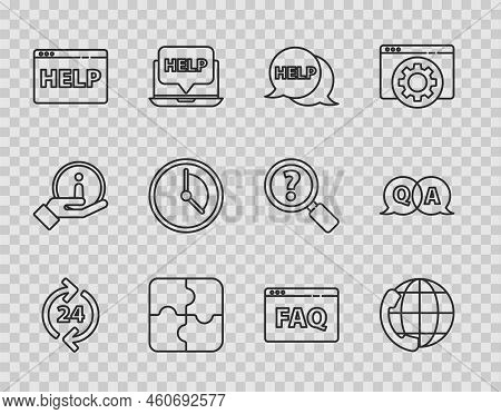 Set Line Telephone 24 Hours Support, Speech Bubble With Text Help, Piece Of Puzzle, Browser Help, Ti