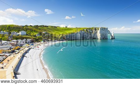 Panoramic View Of The Beach Of Etretat In Normandy, A Popular French Seaside Town Known For Its Chal
