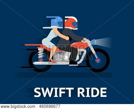 Cartooned Swift Ride Concept Graphic Design  Emphasizing Couple Riding On A Motorcycle With Helmet O