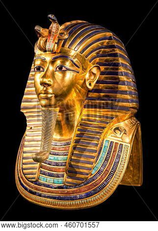 Tutankhamun's Golden Burial Mask On Black Bacground. King Tut.