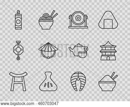 Set Line Japan Gate, Rice In Bowl With Chopstick, Gong, Dumpling, Firework, Chinese Conical Straw Ha