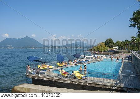 Stresa, Italy - August 15, 2018: Swimming Pool Of The Hotel La Palma In Stresa. Stresa Is A Town On 