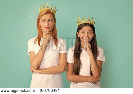 Being In Doubt. Selfish Mother And Daughter Child With Pensive Smile. Selfish And Egoistic